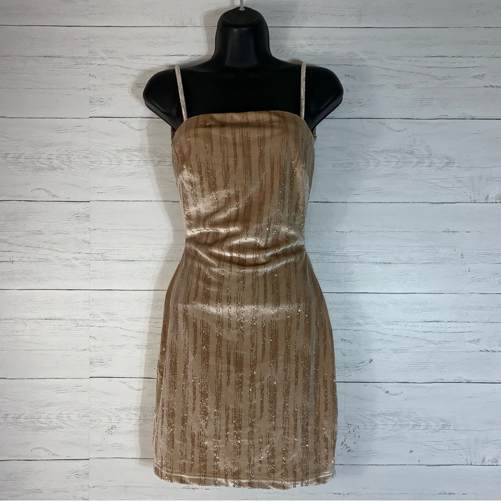 Love Squared Dress Womens S tan glittery Mini Slip Backless Club Party NWT